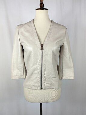 My Tribe Cream Ivory Soft Lambskin Leather Jacket Jersey Back 3/4 Sleeves Sz M